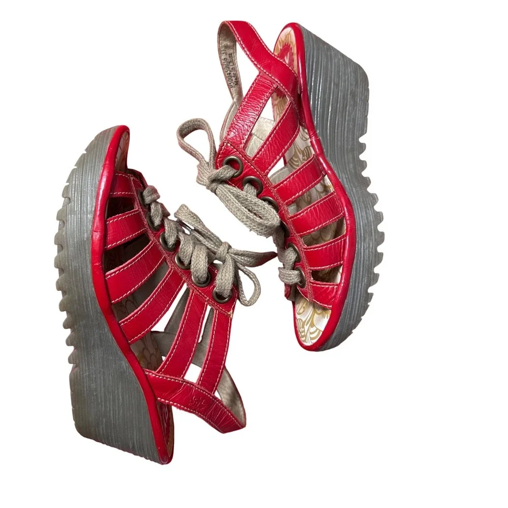 Fly London Wedge Sandals Women 37 Red Good Lace Up Gladiator Platform P500459016